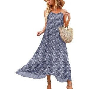 Floral Long Boho Blue Beach Ruffle Flowy Sundress Sz S